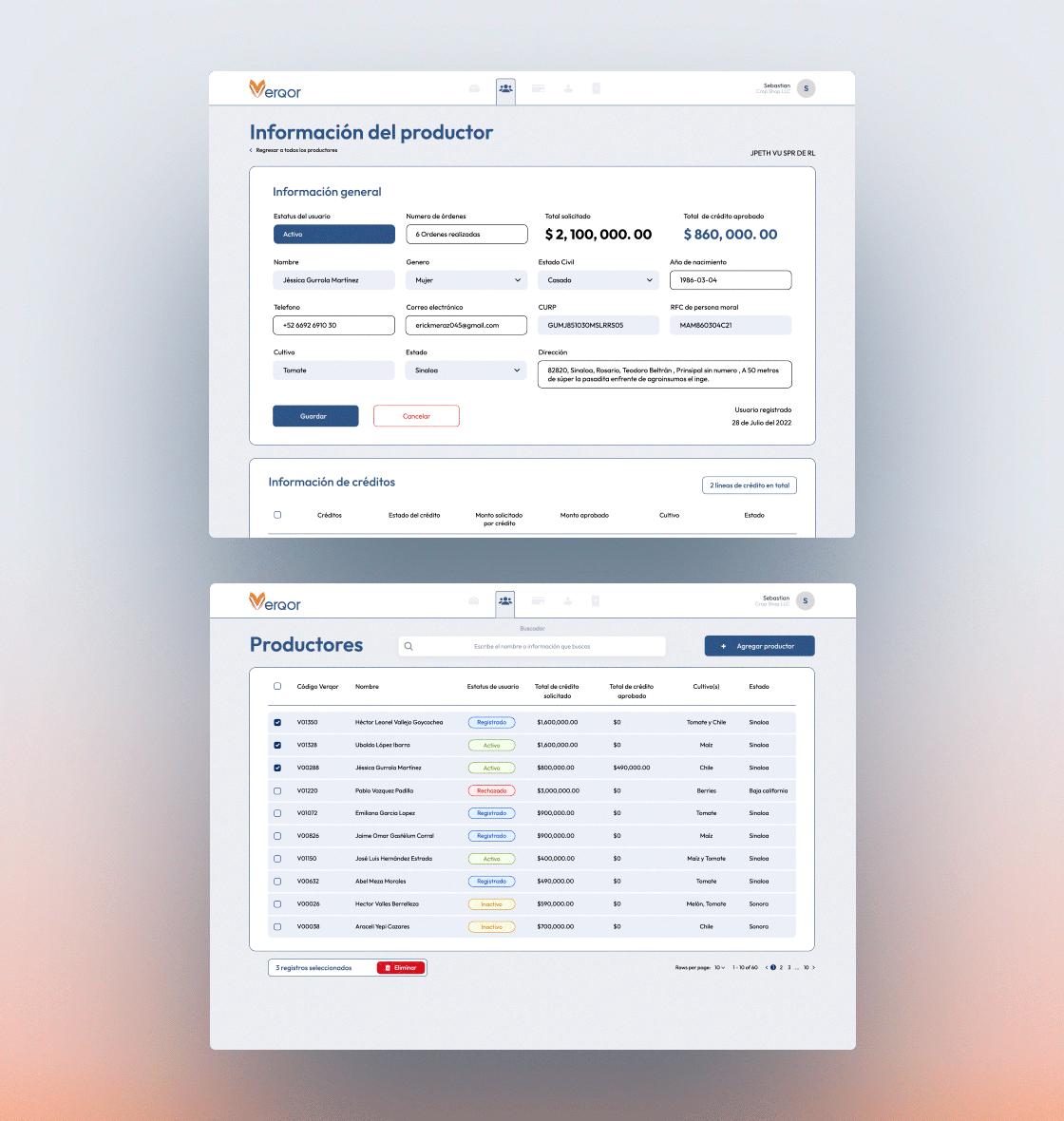 Verqor Capital backoffice para productores y seguimiento financiero
