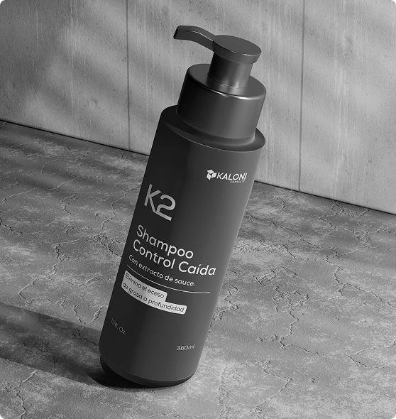 Propuesta de packaging K2 Shampoo Control Caída de Kaloni Complete en acabado monocromático