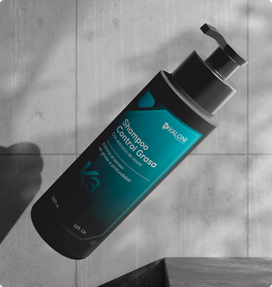 Propuesta de packaging K2 Shampoo Control Caída de Kaloni Complete en acabado monocromático