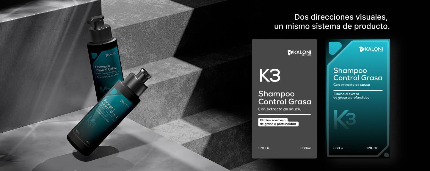 Propuestas A/B de etiqueta para Shampoo Control Grasa K3 de Kaloni Complete