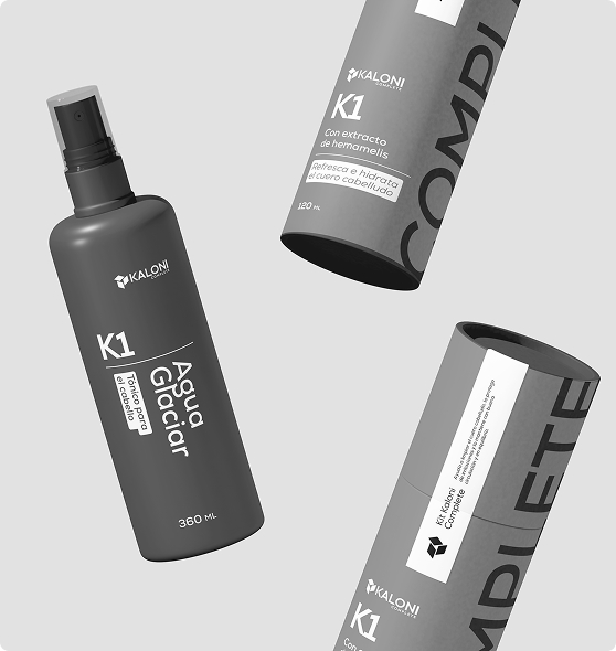Sistema gráfico K1 a K5 diseñado para identificar la familia de productos Kaloni Complete